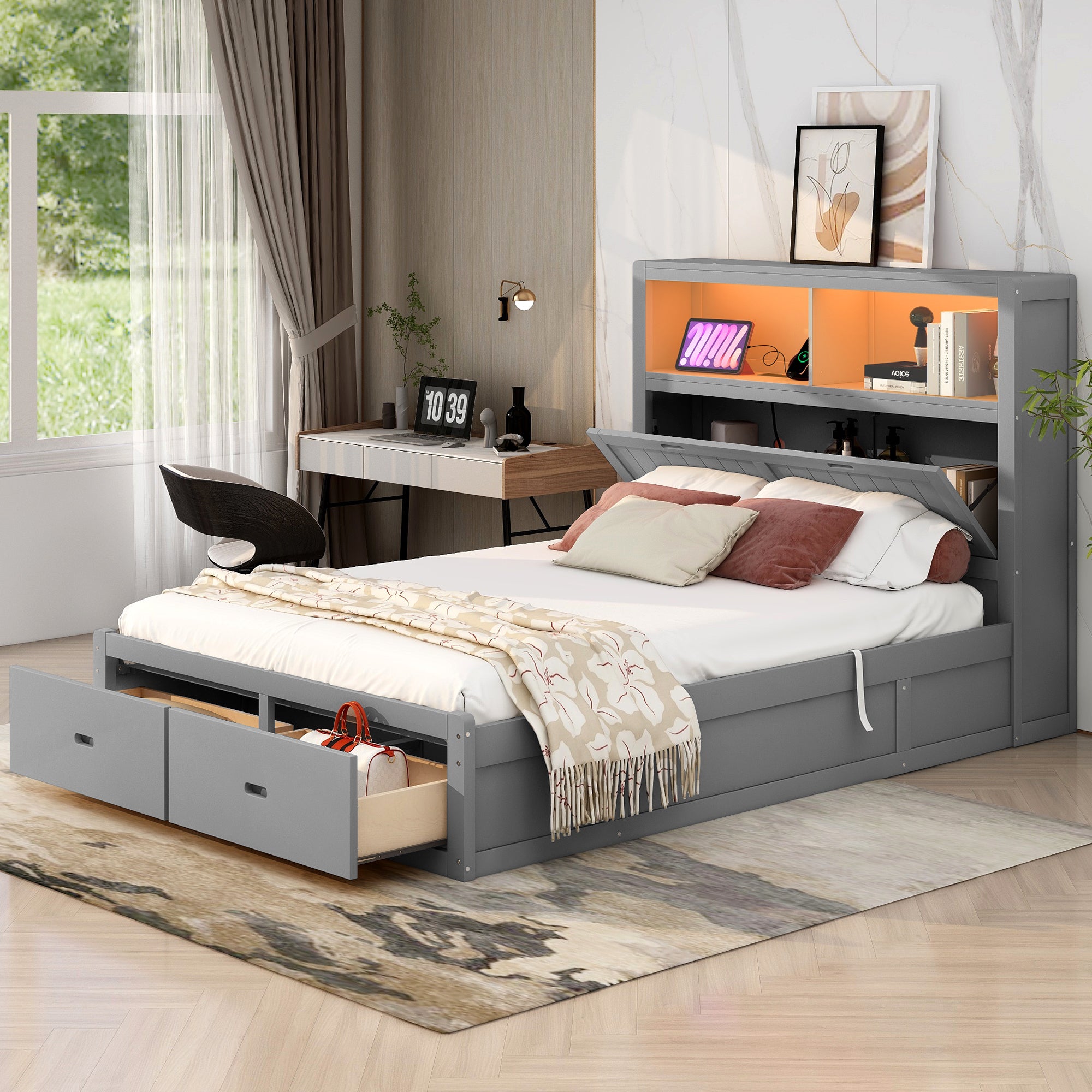 Wood Queen Size Hydraulic Platform Bed with Storage LED Headboard, Charging Station and 2 Drawers, Gray - Atlantic Fine Furniture Melbourne FL