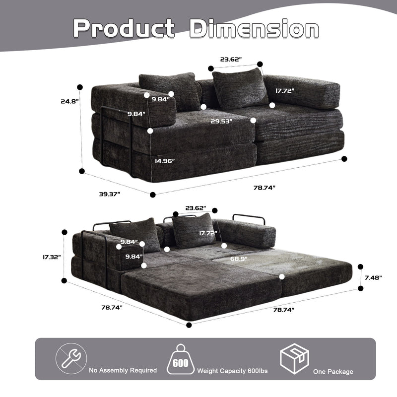Convertible Floor Sofa Bed With Fixed Shape Frame, Loveseats Boneless Modular Sectional, For Living Room - Black