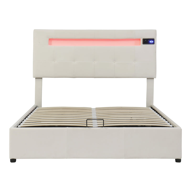 Queen Size Upholstered Bed with LED Light and Integrated Bluetooth Audio System, Modern Platform Bed with Hydraulic Storage System and USB Port, Velvet , Beige