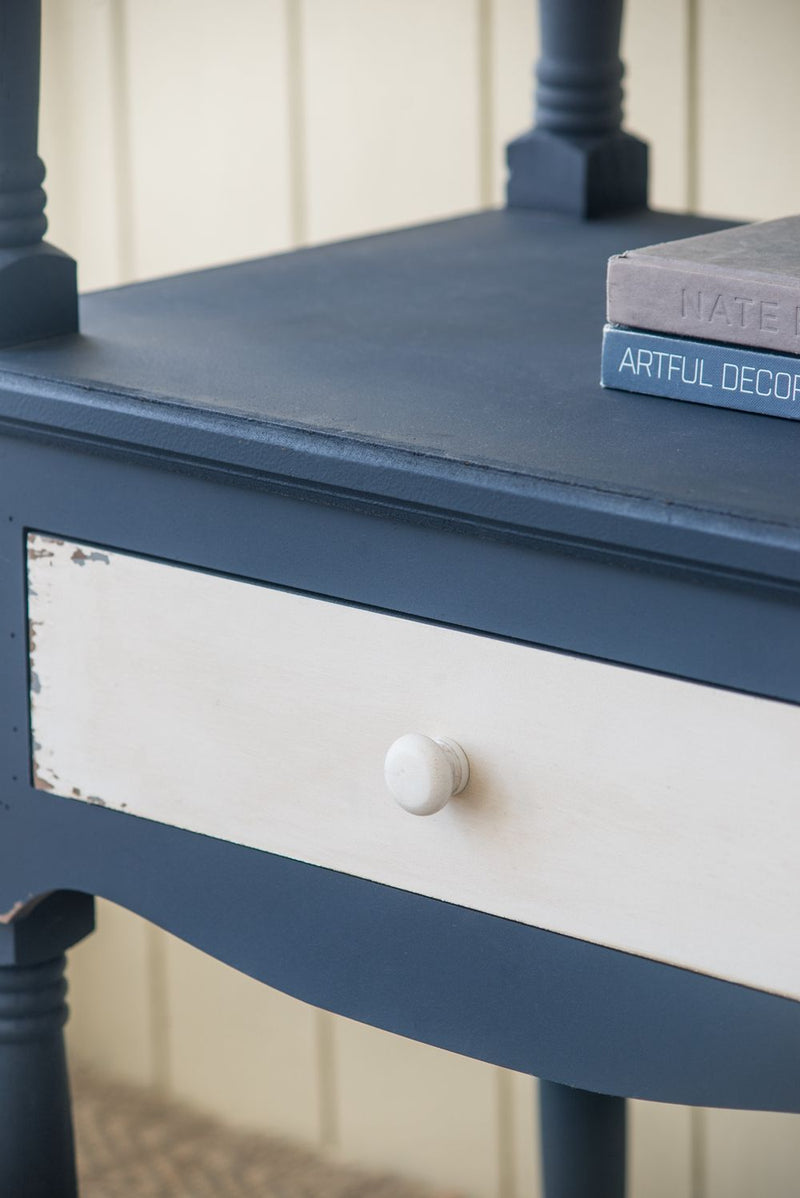 Four Tiered Wooden Shelf With Two Drawers, Farmhouse Wood Bookcase Display Storage Shelf Etageres - Antique Navy Blue