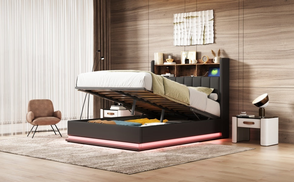 Full Size  Upholstered Platform Bed with Storage Headboard and Hydraulic Storage System, PU Storage Bed with LED Lights and USB charger, Black - Atlantic Fine Furniture Melbourne FL