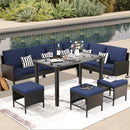 7 Piece Outdoor Furniture Set With Waterproof Cushions, Glass Table, And Space Saving Design - Blue