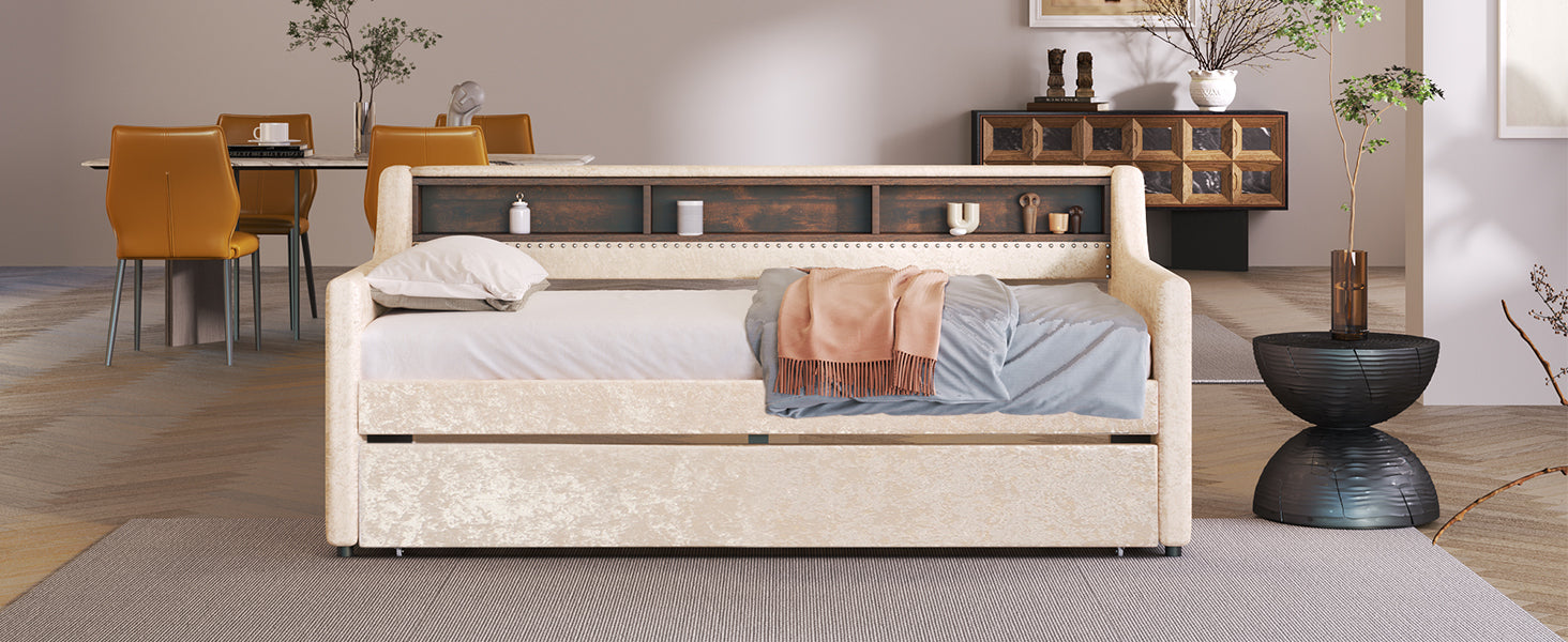 Twin Size Snowflake Velvet Daybed with Trundle and Built-in Storage Shelves,Beige - Atlantic Fine Furniture Melbourne FL