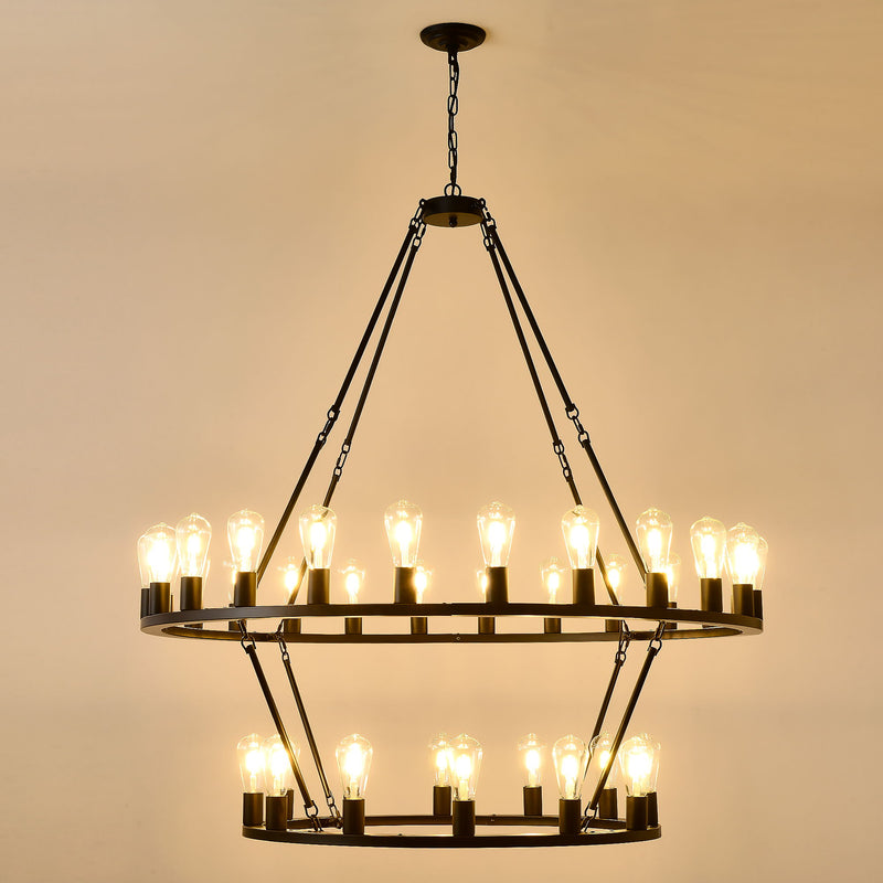 Extra Large Wagon Wheel Chandelier, 2 Tier 36 Lights (No Include) Farmhouse Industrial Round High Ceiling Pendant Light Adjustable Chain, For Dining Room, Living Room, Kitchen - Black