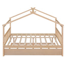Full Size Wooden House Bed with Twin Size Trundle, Natural