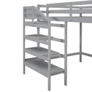 Full Size Loft Bed with Built-in Storage Staircase and Hanger for Clothes, Gray