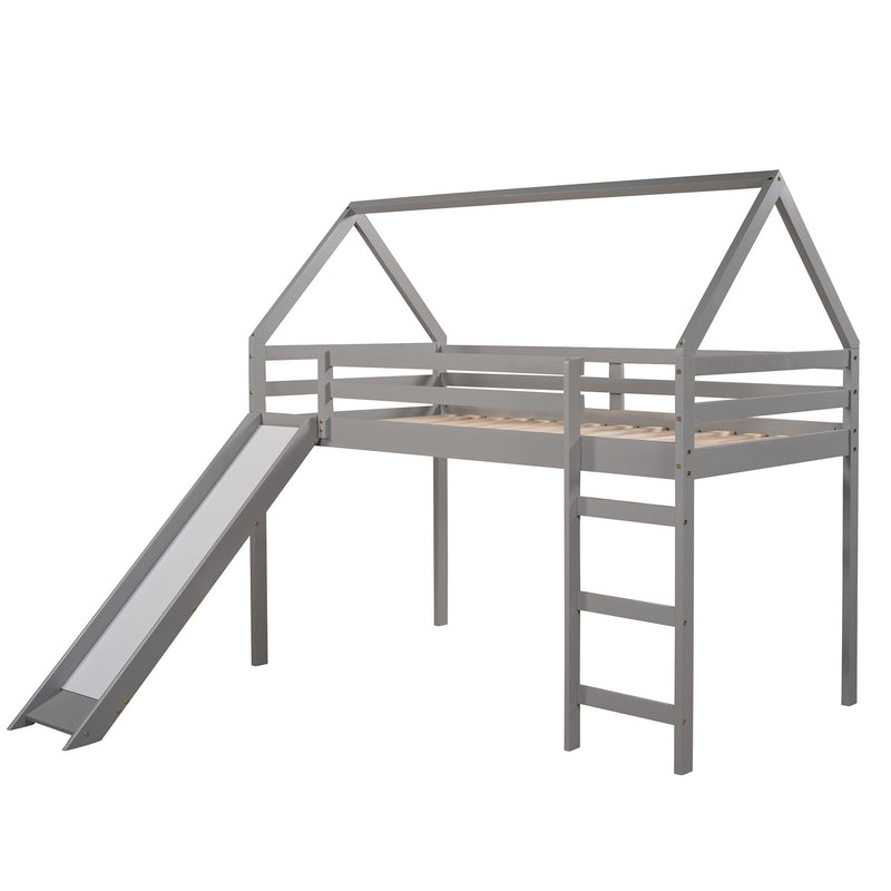 Twin Size House Loft Bed With Slide - Gray