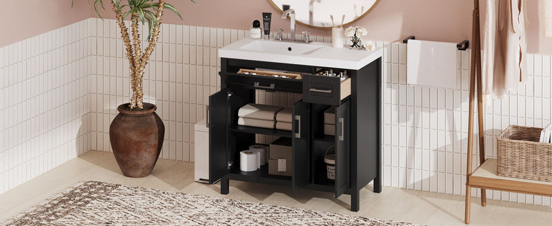 Bathroom Vanity Cabinet With Resin Integrated Sink - 2 Drawers, 3 Doors