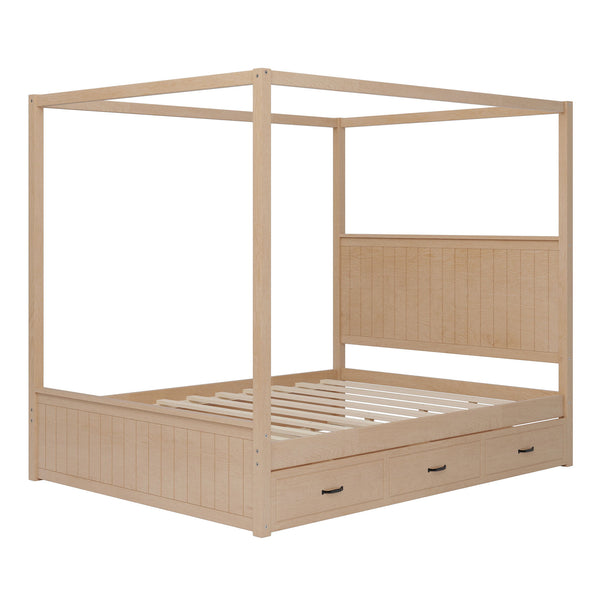 Canopy Platform Bed With Trundle And 3 Storage Drawers, 4 Post Solid Bed Frame With Headboard