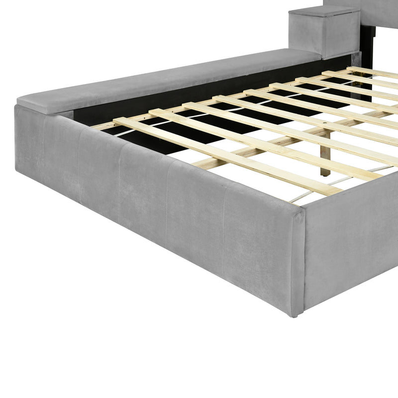 Full Size Upholstered Platform Bed with Lateral Storage Compartments and Thick Fabric, Velvet, Gray