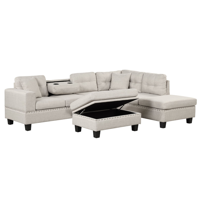 Modern Sectional Sofa With Storage Ottoman, L-Shape Couch With 2 Pillows And Cup Holder, Sectional Sofa With Reversible Chaise For Living Room