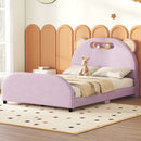 Full Size Upholstered Platform Bed with Bear-Shaped Headboard and Embedded Light Stripe, Velvet, Pink