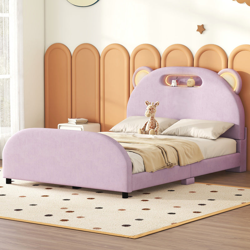 Full Size Upholstered Platform Bed with Bear-Shaped Headboard and Embedded Light Stripe, Velvet, Pink