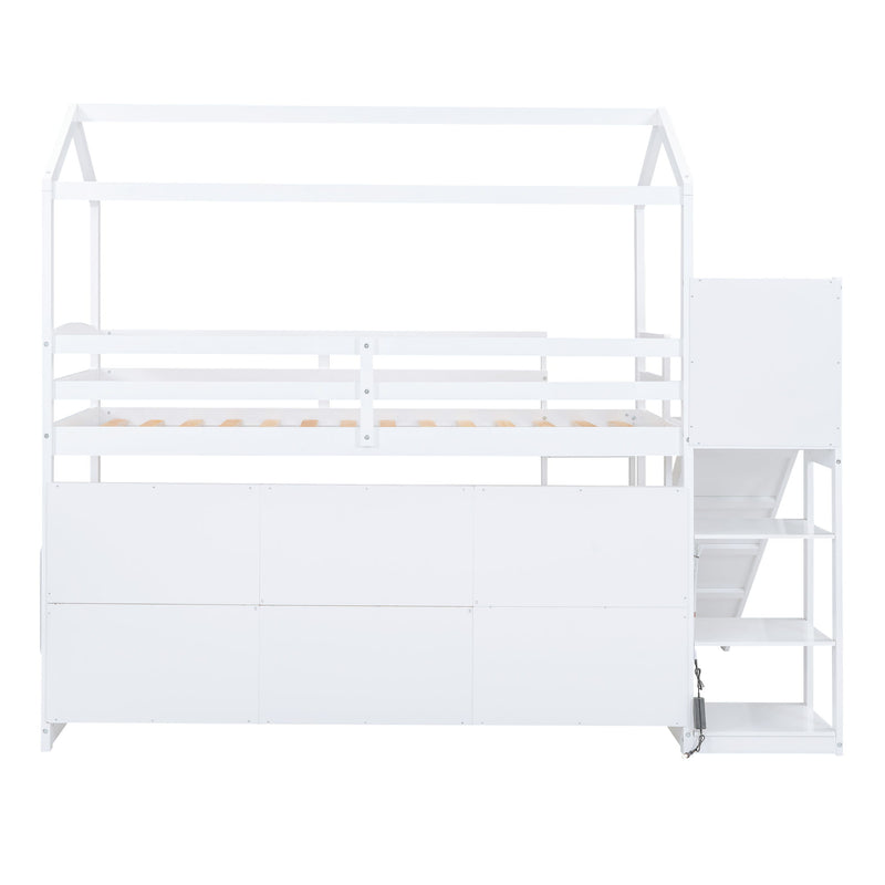 House Loft Bed With Slide, Storage Shelves And Light, Climbing Ramp