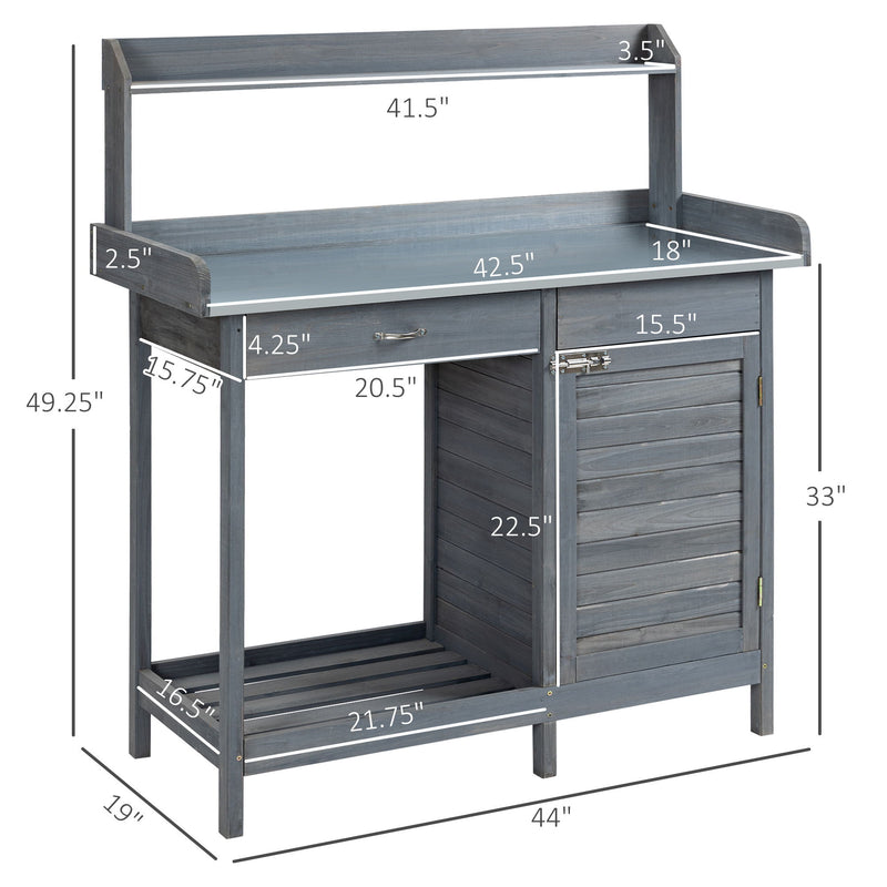 Outsunny - Outdoor Potting Bench Table, Garden Work Station With Storage Cabinet, Open Shelf And Steel Tabletop - Gray