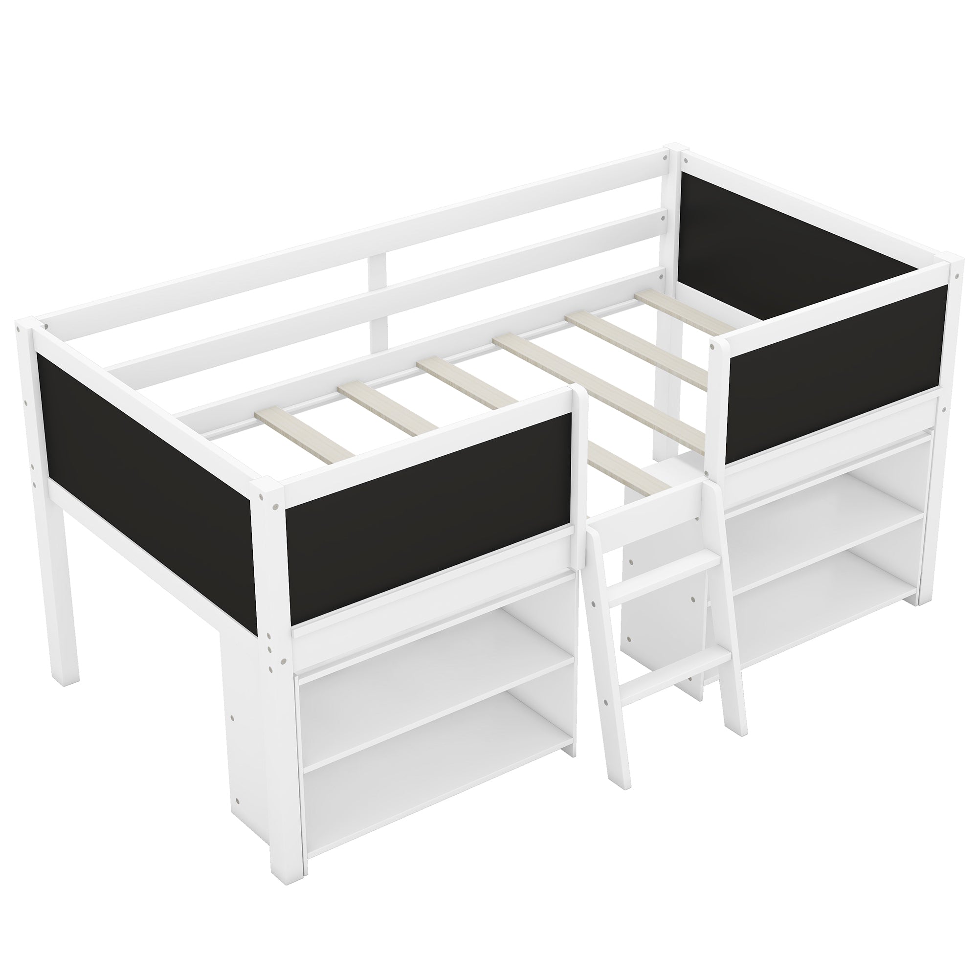 Twin Size Low Loft Bed with Two Movable Shelves and Ladder,with Decorative Guardrail Chalkboard,White(Old SKU: WF283286AAK) - Atlantic Fine Furniture Melbourne FL