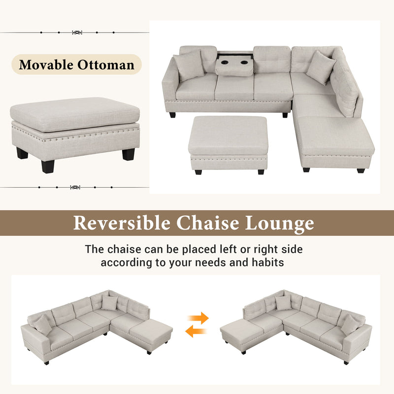 Modern Sectional Sofa With Storage Ottoman, L-Shape Couch With 2 Pillows And Cup Holder, Sectional Sofa With Reversible Chaise For Living Room