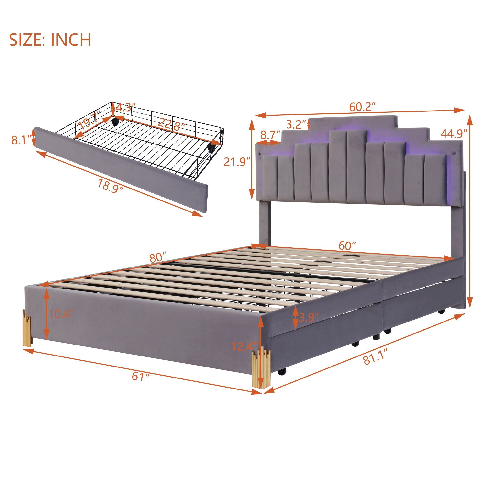 Queen Size Upholstered Platform Bed with LED Lights and 4 Drawers, Stylish Irregular Metal Bed Legs Design, Gray - Atlantic Fine Furniture Melbourne FL