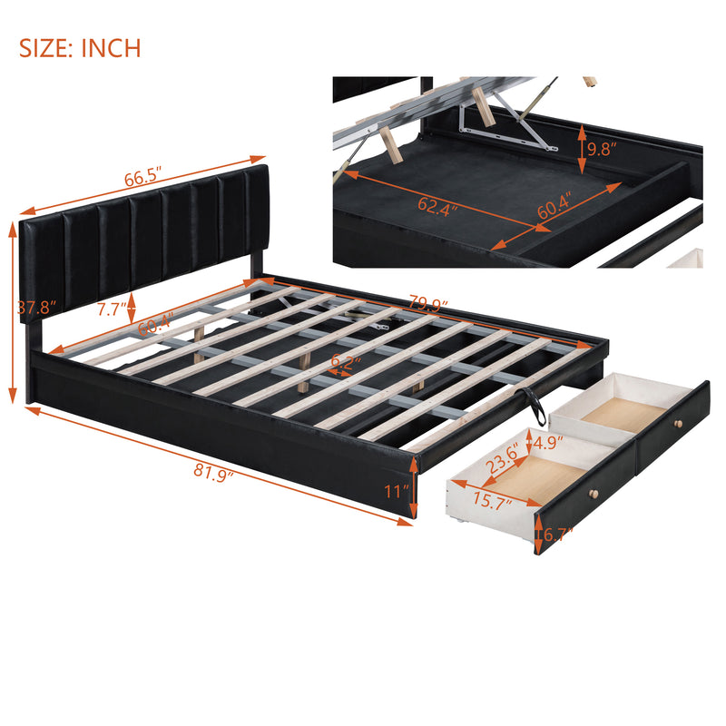 Queen Size Upholstered Bed with Hydraulic Storage System and Drawer, Black