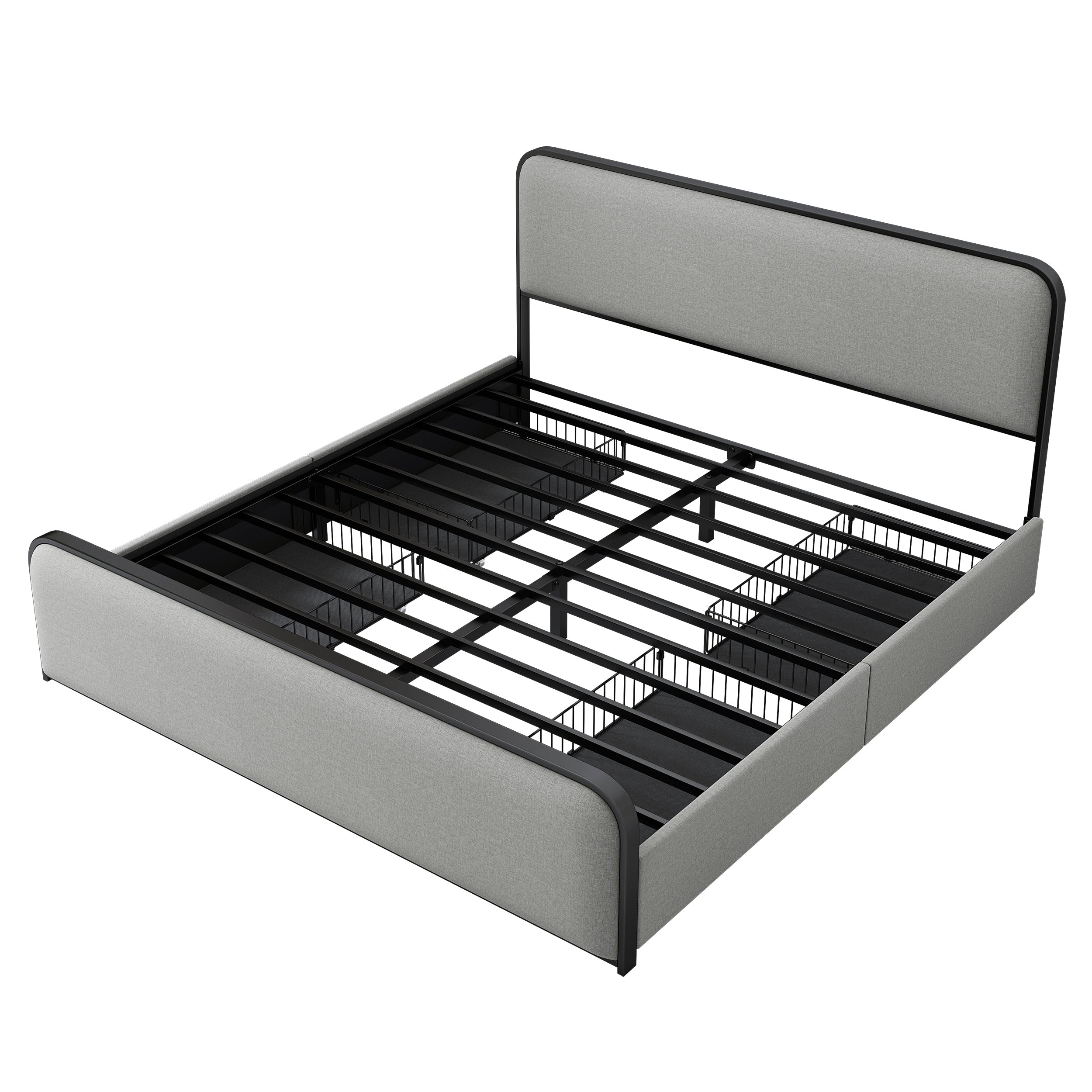 Modern Metal Bed Frame with Curved Upholstered Headboard and Footboard Bed with 4 Storage Drawers, Heavy Duty Metal Slats, King Size, Grey - Atlantic Fine Furniture Melbourne FL