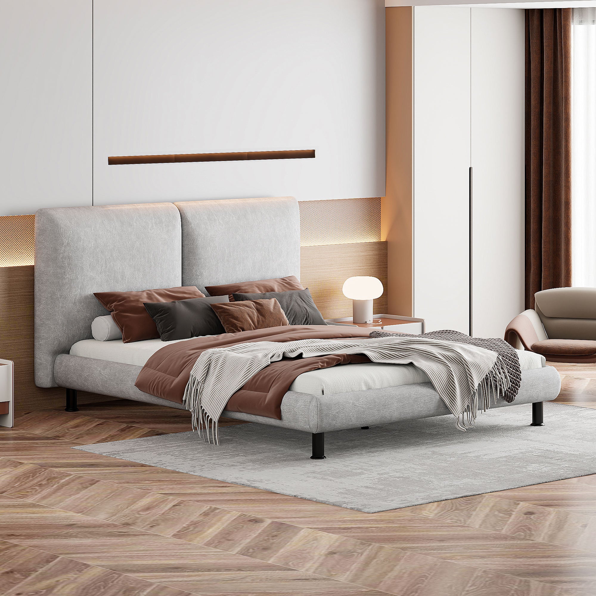 Queen Size Upholstered Platform Bed with Two Large Headrests and Thick Fabric, Polyester, Beige - Atlantic Fine Furniture Melbourne FL