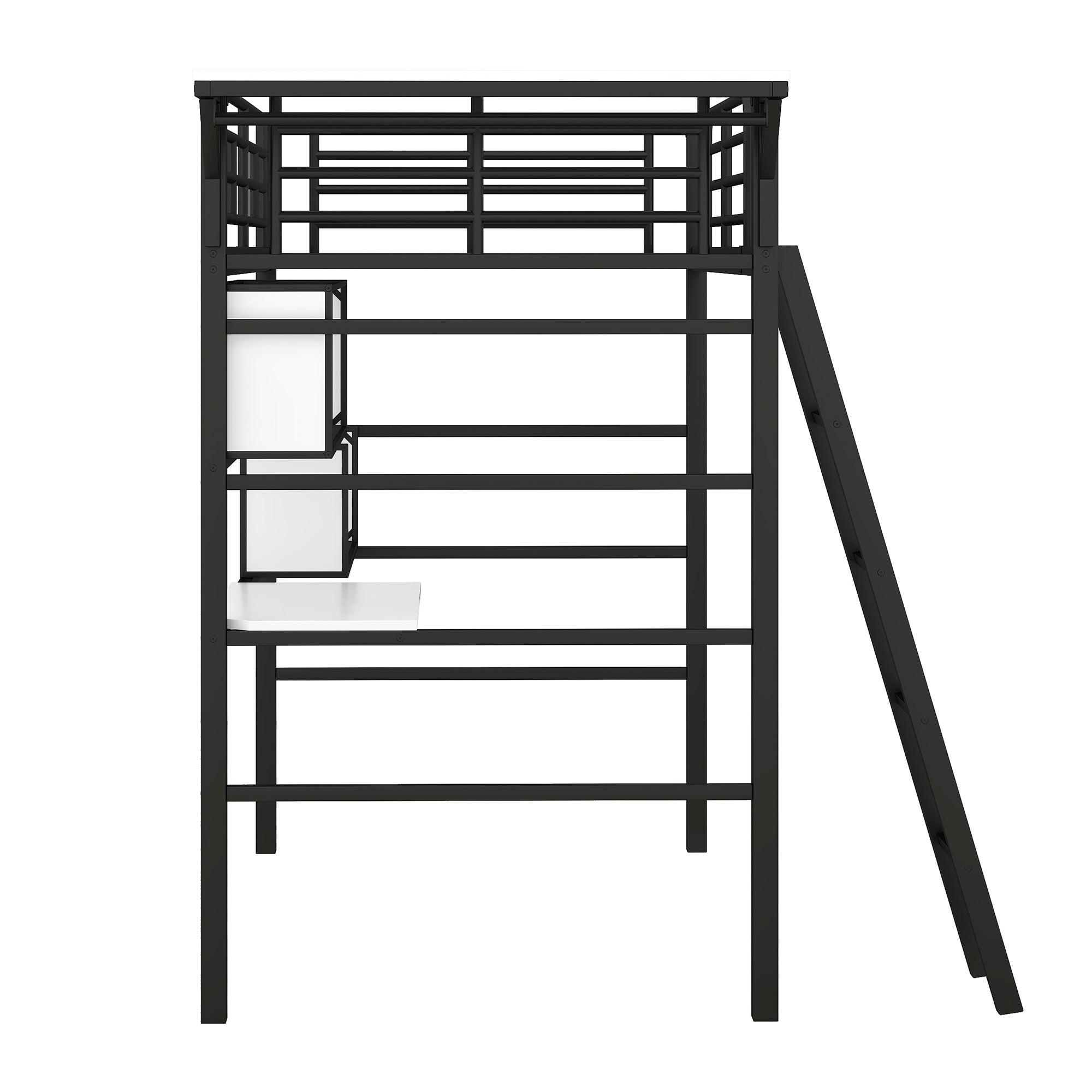 Twin Size Metal Loft Bed with 2 Shelves, a desk and a Hanging Clothes Rack, Black and White - Atlantic Fine Furniture Melbourne FL