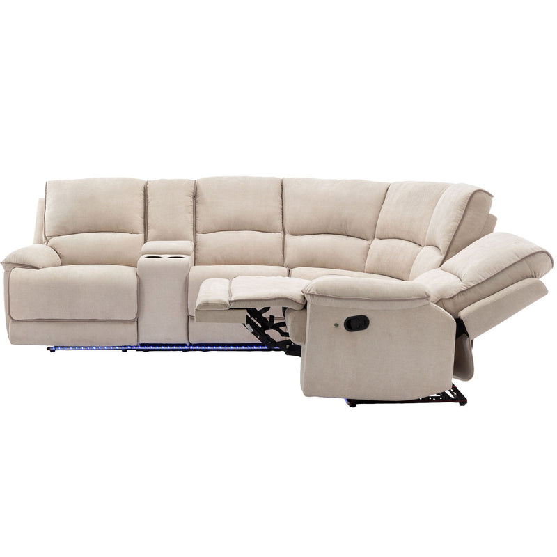 Modern Manual Reclining Living Room Furniture Set With USB Ports, Hidden Storage, Led Light Strip And 2 Cup Holders - Cream