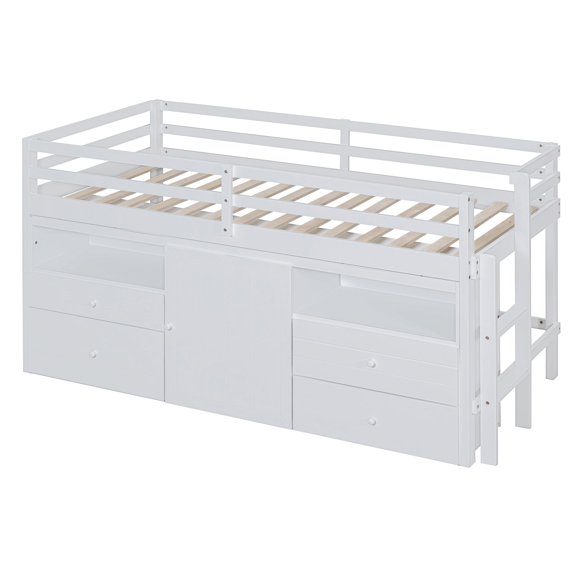 Twin Size Loft Bed with 4 Drawers, Underneath Cabinet and Shelves, White - Atlantic Fine Furniture Melbourne FL
