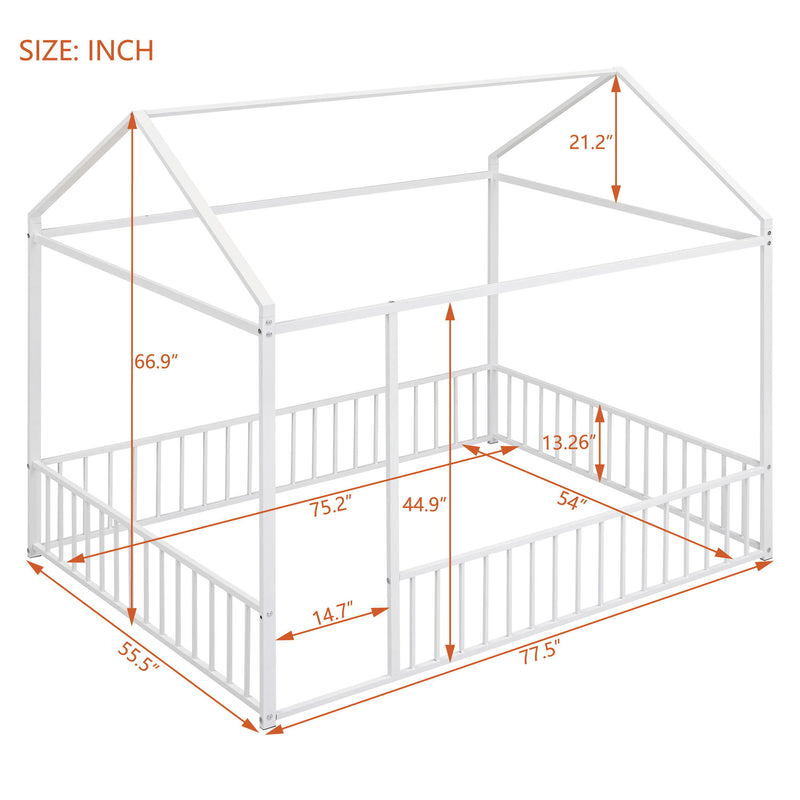 Metal Bed House Bed Frame With Fence, For Kids, Teens, Girls, Boys