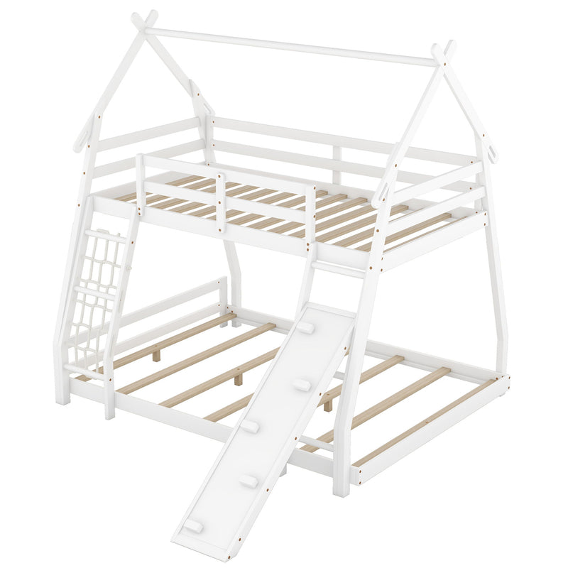 Twin Over Queen House Bunk Bed With Climbing Nets And Climbing Ramp