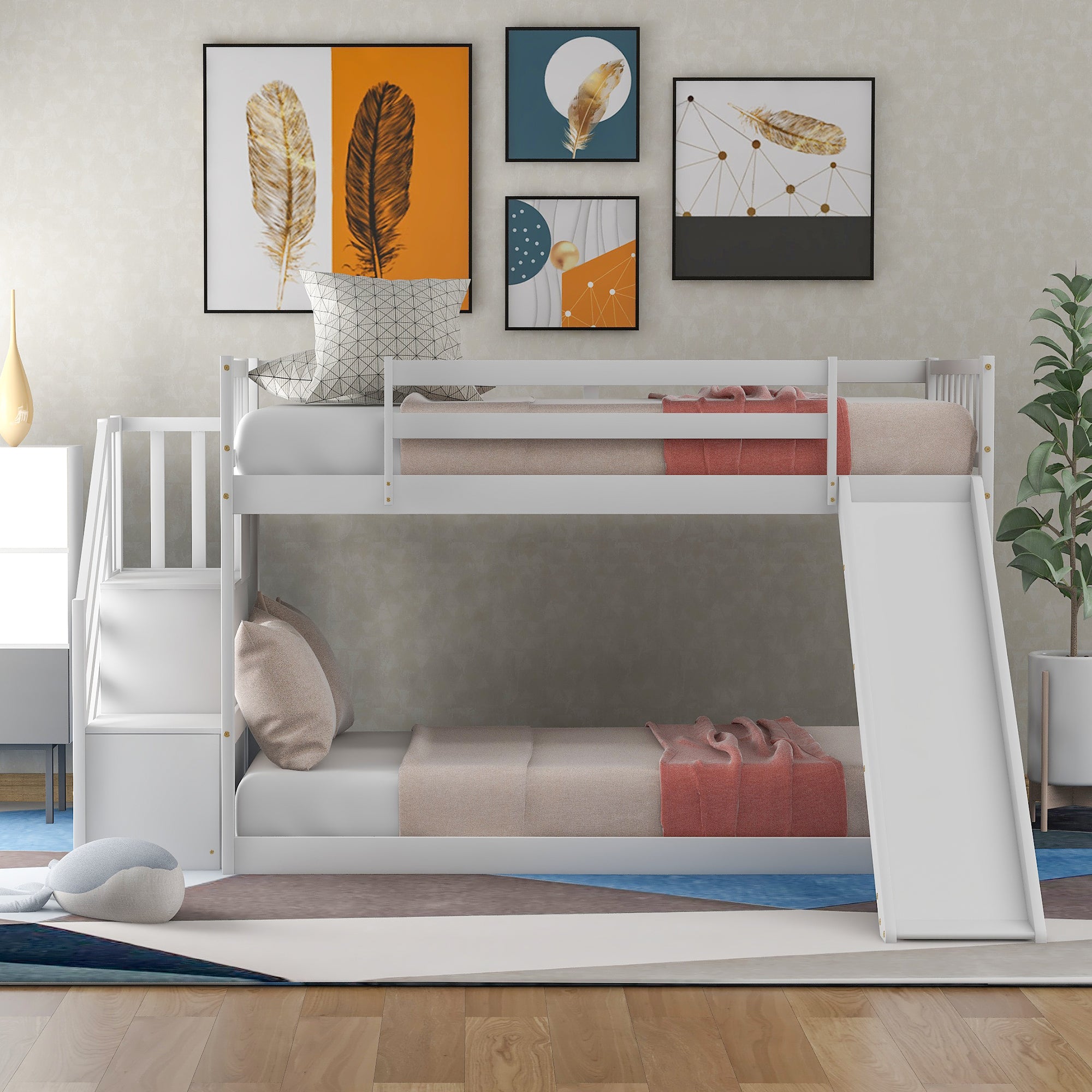 Twin over Twin Bunk Bed with Convertible Slide and Stairway, White - Atlantic Fine Furniture Melbourne FL