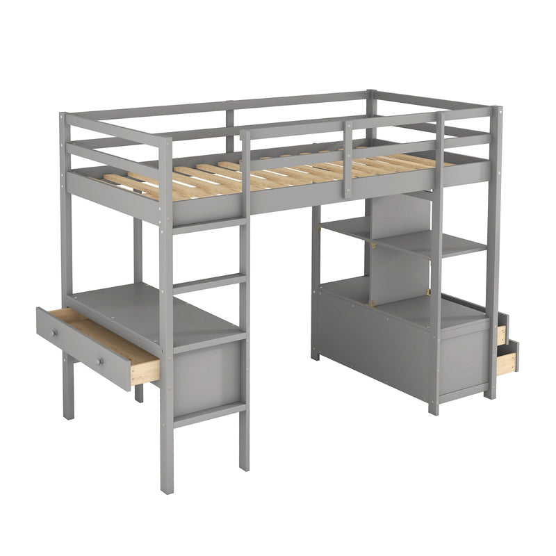 Twin  Size Loft Bed with Built-in Desk with Two Drawers, and Storage Shelves and Drawers,Gray