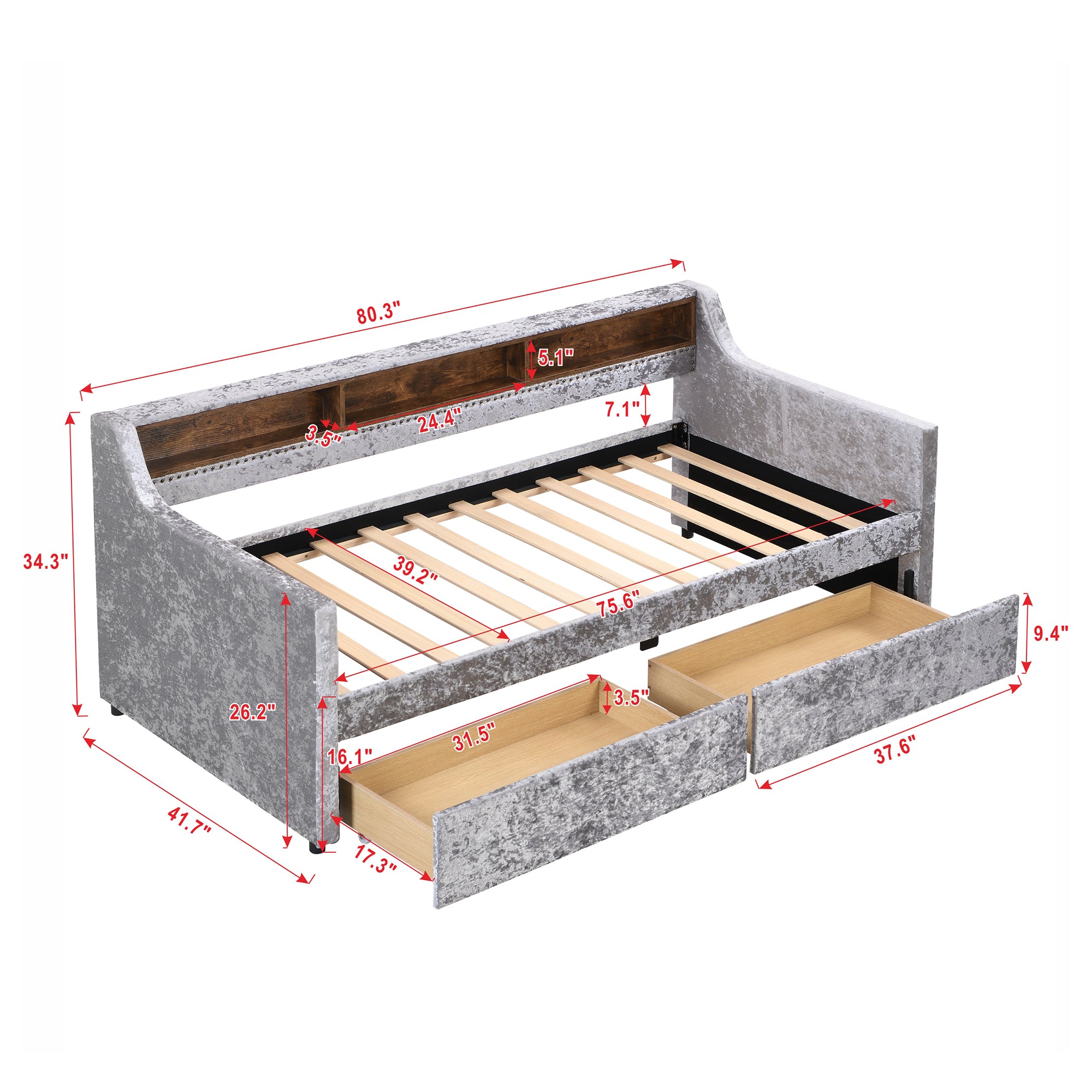 Twin Size Snowflake Velvet Daybed with Two Storage Drawers and Built-in Storage Shelves,Gray - Atlantic Fine Furniture Melbourne FL