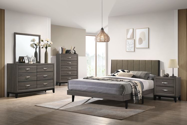 Valdemar - Queen Bed - Brown Fabric & Weatheted Gray Finish - Atlantic Fine Furniture Inc