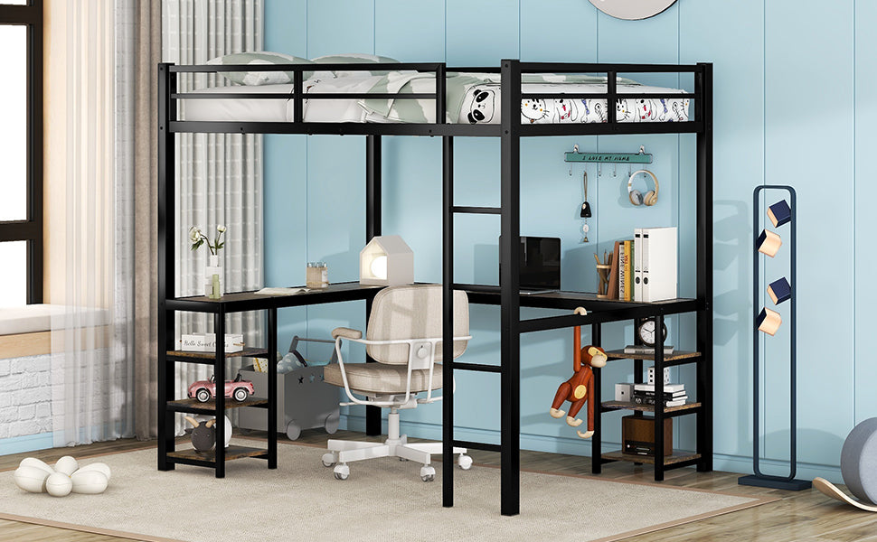 Full Metal Loft Bed with Desk and Shelves, Loft Bed with Ladder and Guardrails, Loft Bed Frame for Bedroom, Black (Old SKU: W1307S00016) (Pre-sale date: 2024/3/7.)