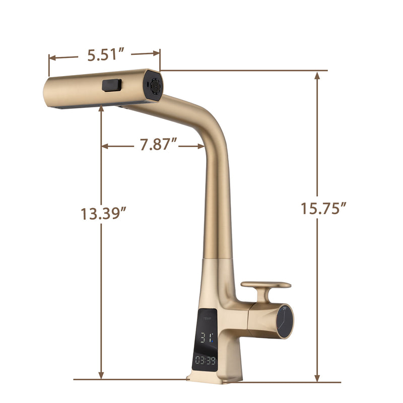 Waterfall Kitchen Faucet With Temperature Display And Pull Down Sprayer - Brushed Gold