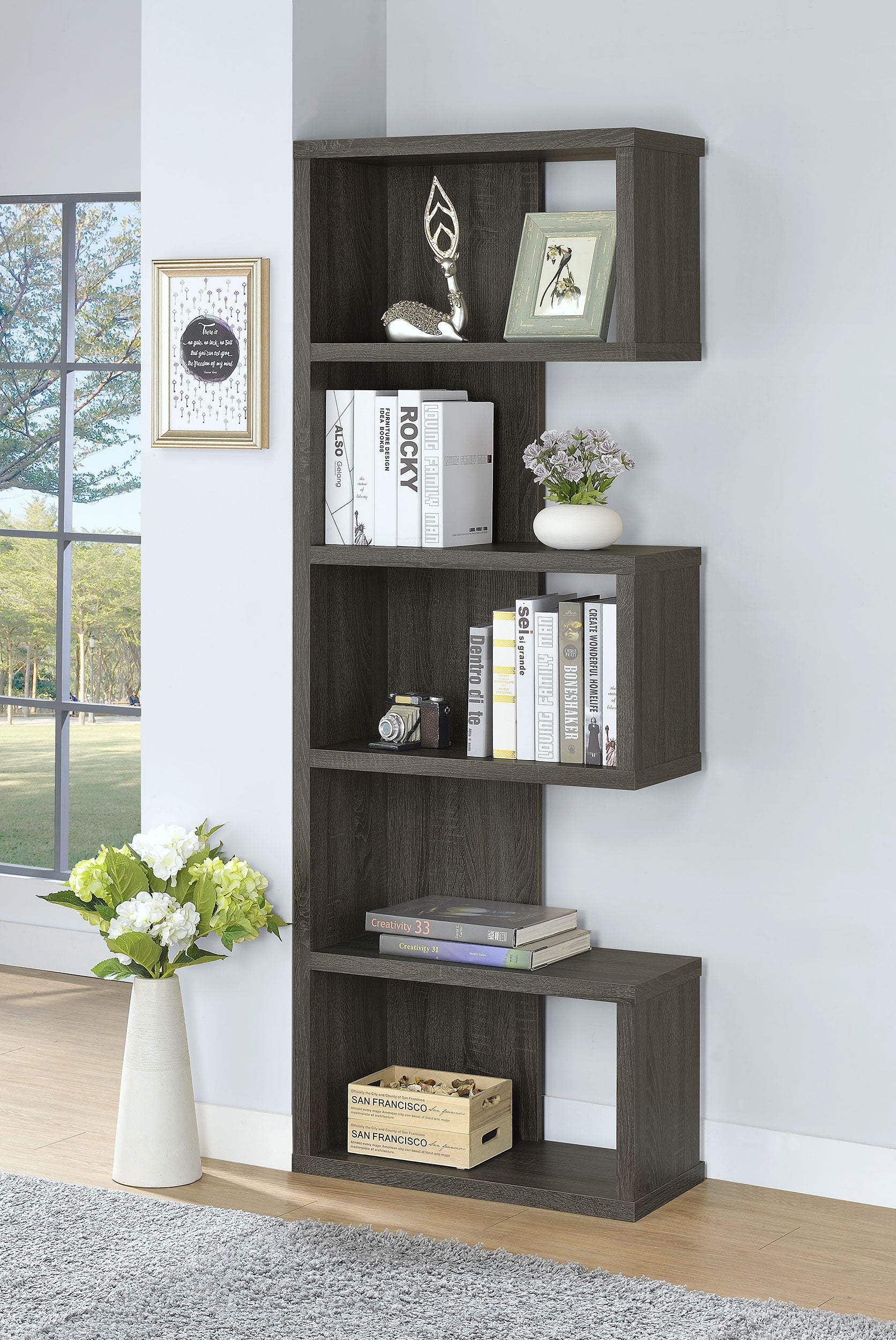 Joey 71-inch 5-shelf Bookshelf Weathered Grey — view 2