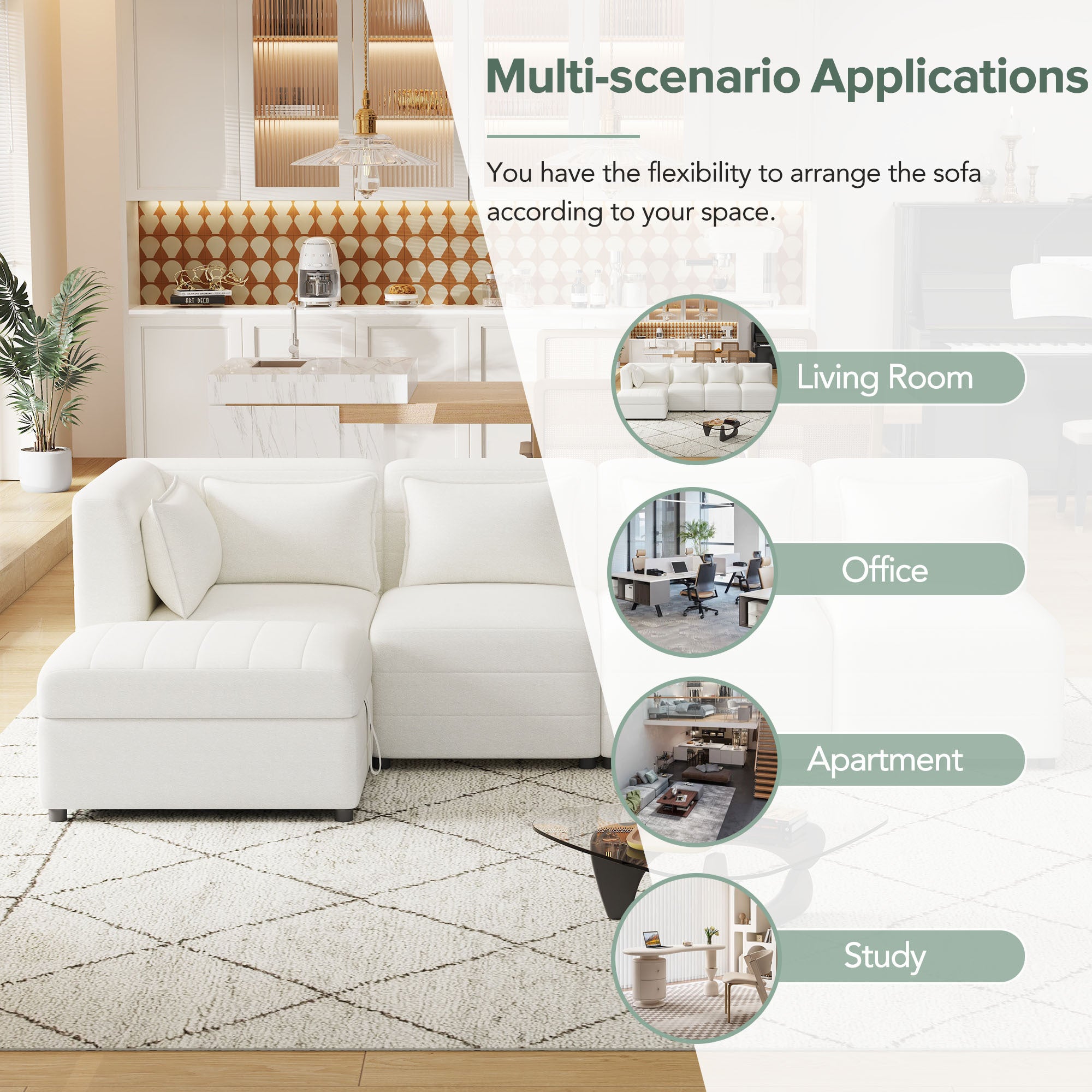 Free-Combined Sectional Sofa 5-seater Modular Couches with Storage Ottoman, 5 Pillows for Living Room, Bedroom, Office, Cream