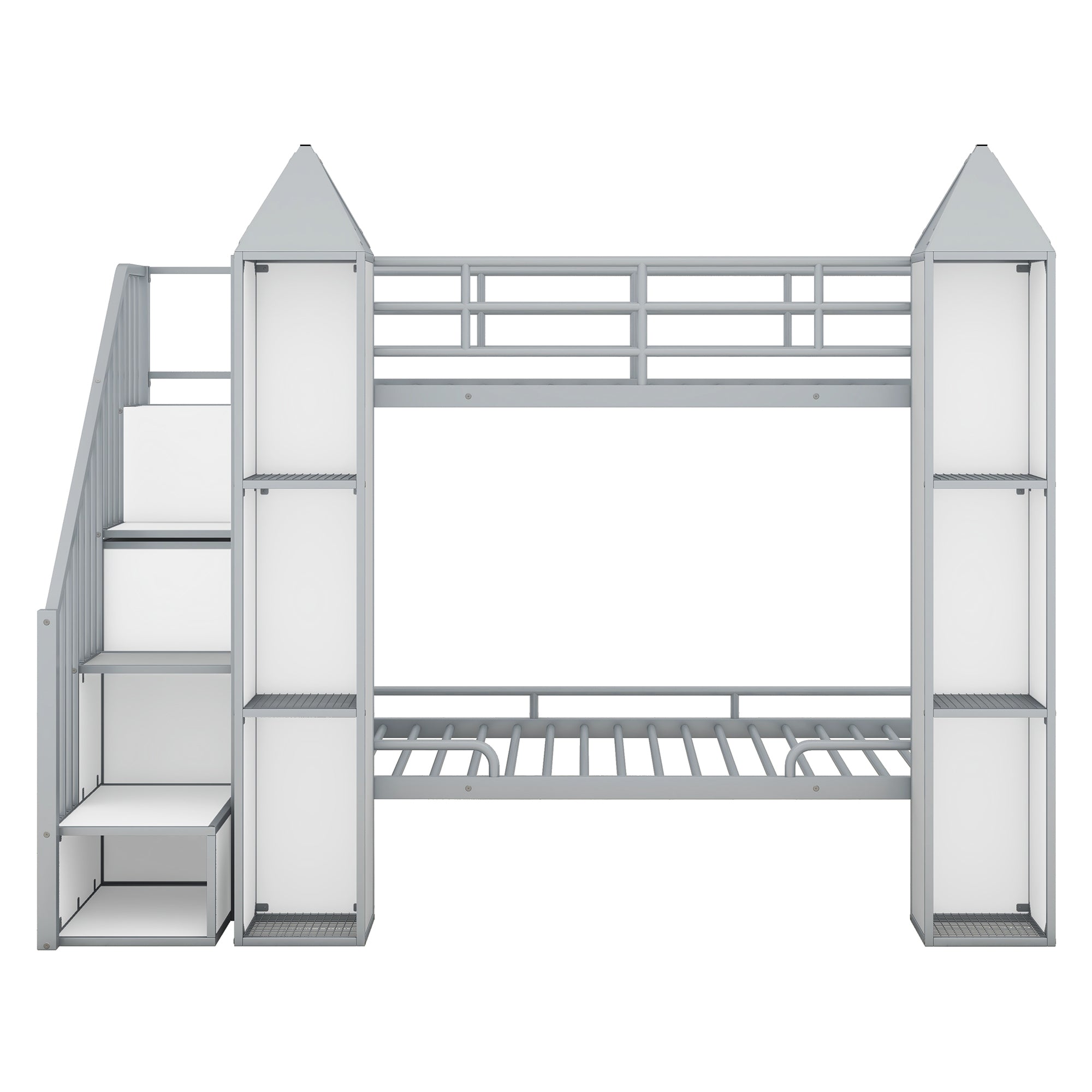 Metal Twin over Twin Castle-shaped Bunk Bed with Wardrobe and Multiple Storage, Gray+White - Atlantic Fine Furniture Melbourne FL