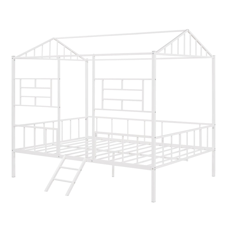 Metal House Bed Frame Full Size with Slatted Support No Box Spring Needed White
