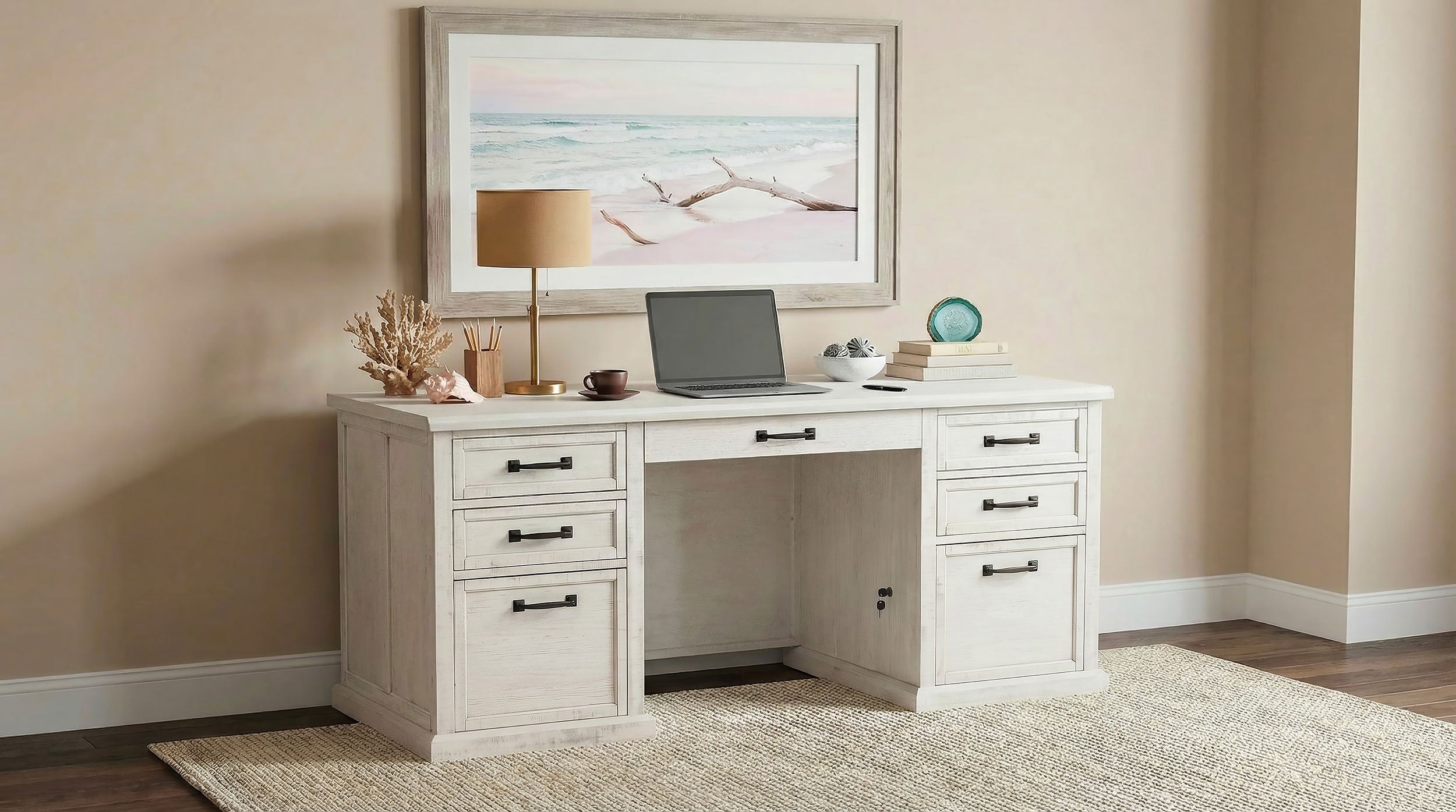 Altidore 68-inch 7-drawer Executive Home Office Desk Distressed White — view 2