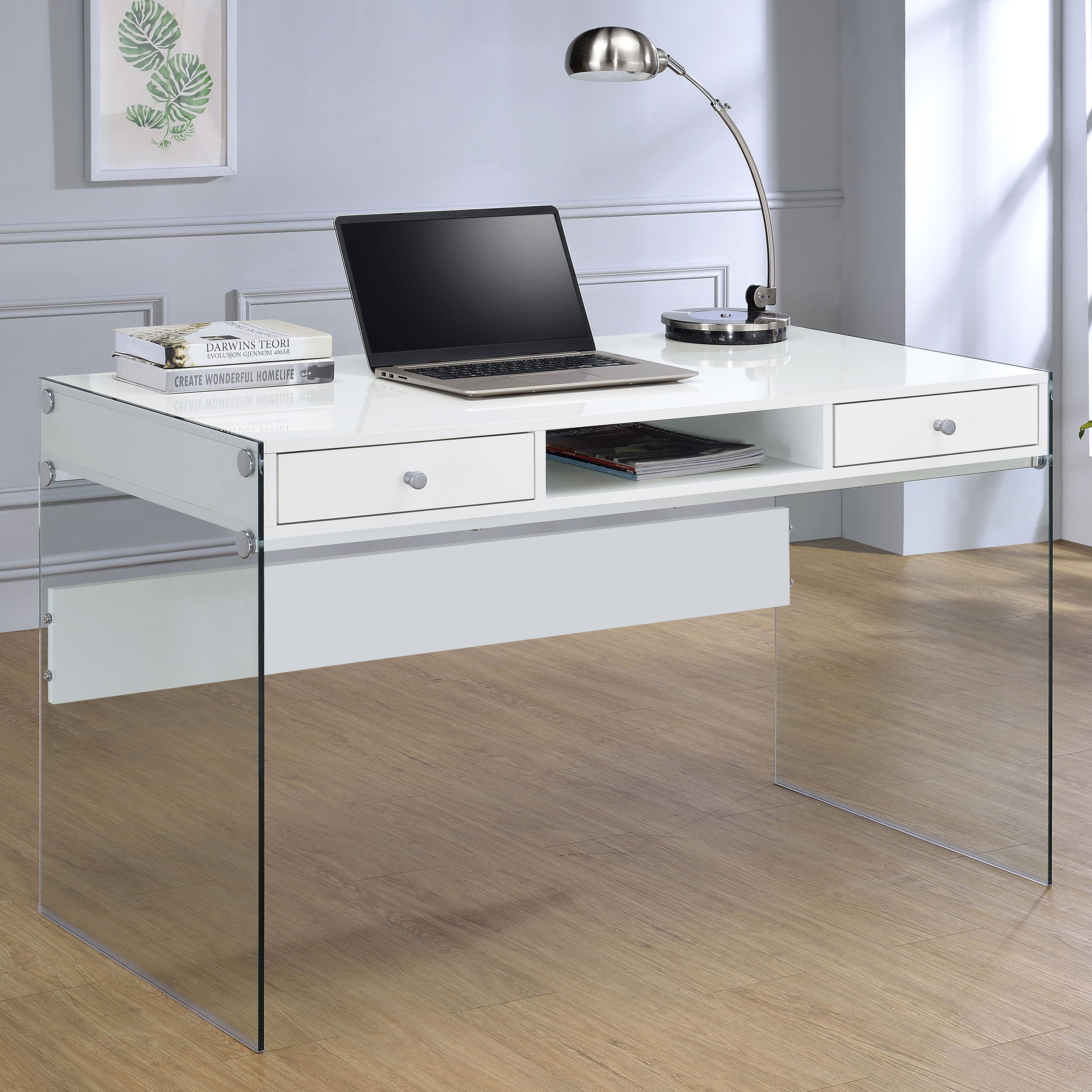 Dobrev 48-inch 2-drawer Writing Desk White High Gloss — view 2