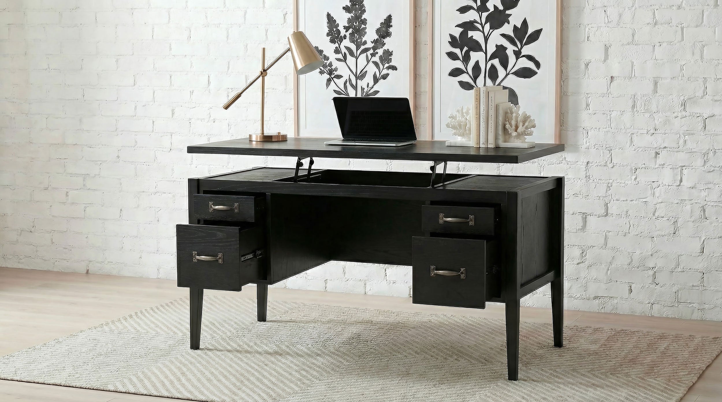 Graham 54-inch 4-drawer Double Pedestal Lift Top Computer Desk Black — view 3