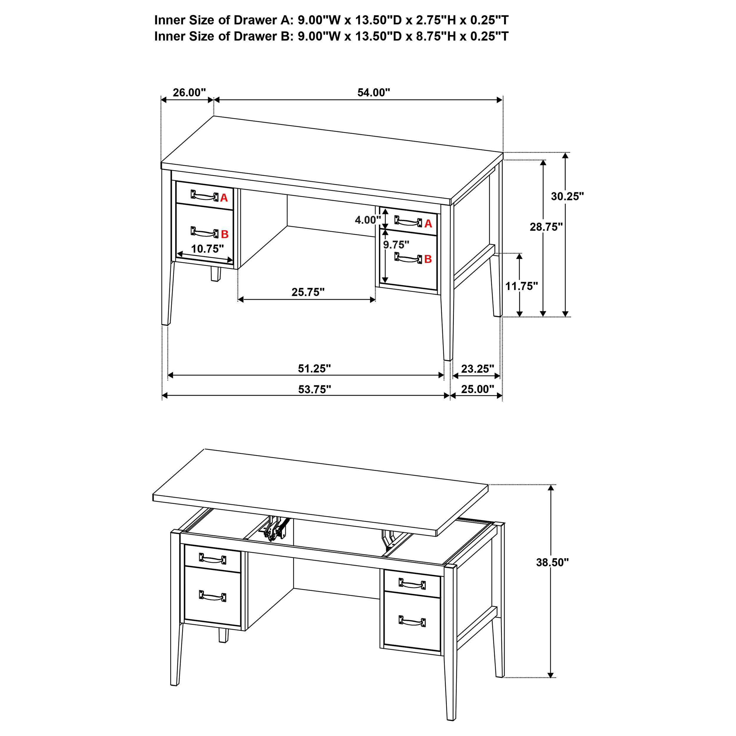 Graham 54-inch 4-drawer Double Pedestal Lift Top Computer Desk Black — view 14
