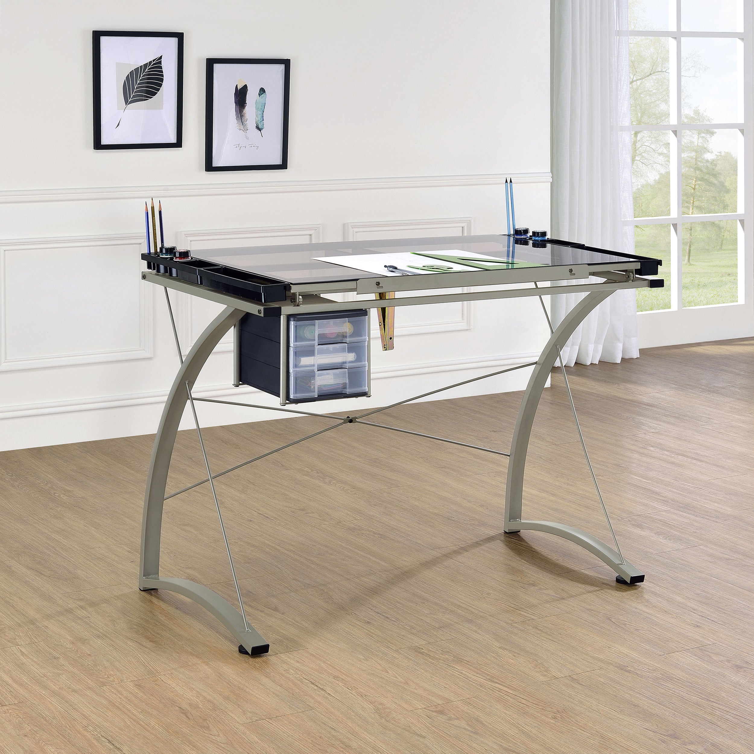 Melo 41-inch Glass Top Drafting Table with Storage Silver — view 2