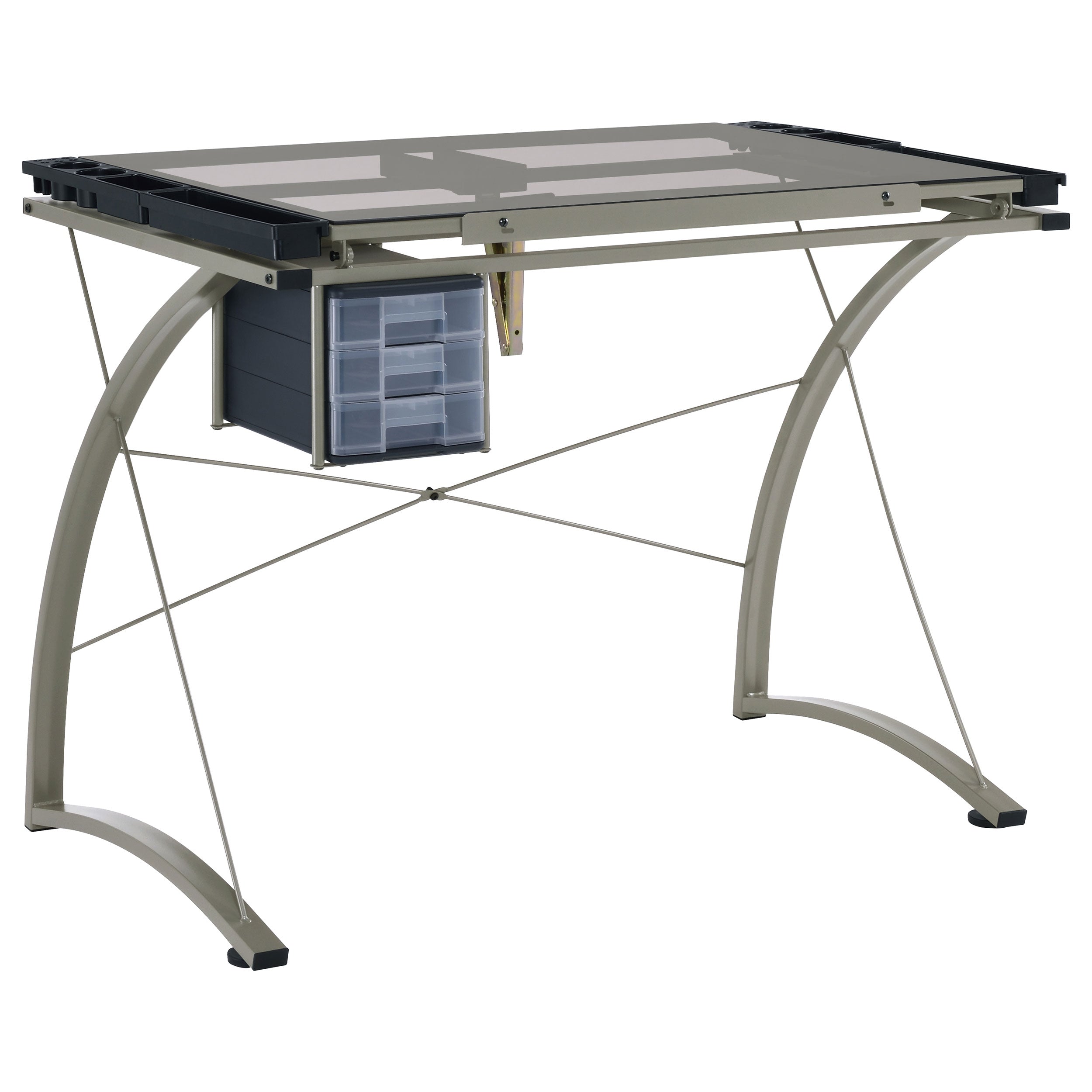 Melo 41-inch Glass Top Drafting Table with Storage Silver — view 1