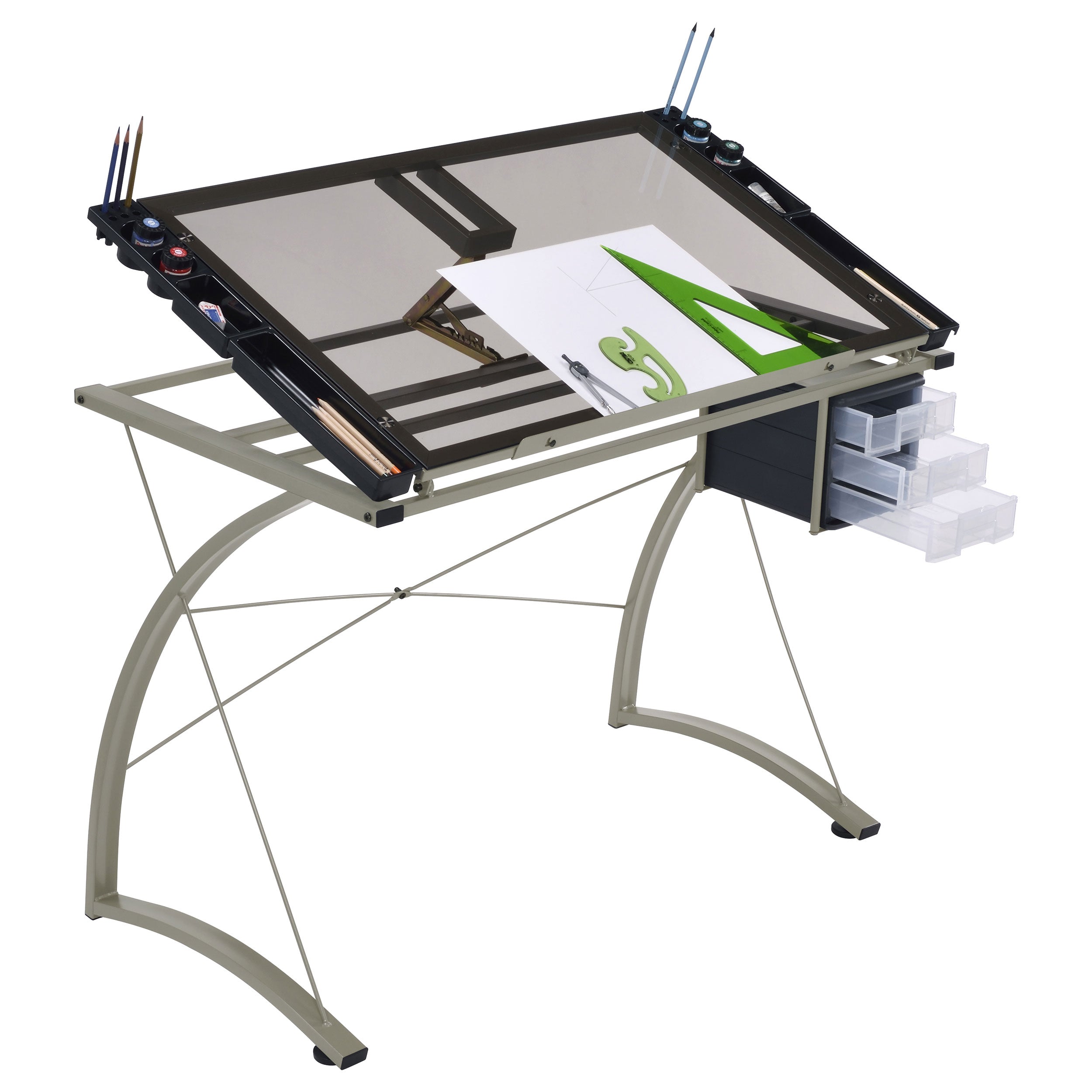 Melo 41-inch Glass Top Drafting Table with Storage Silver — view 6
