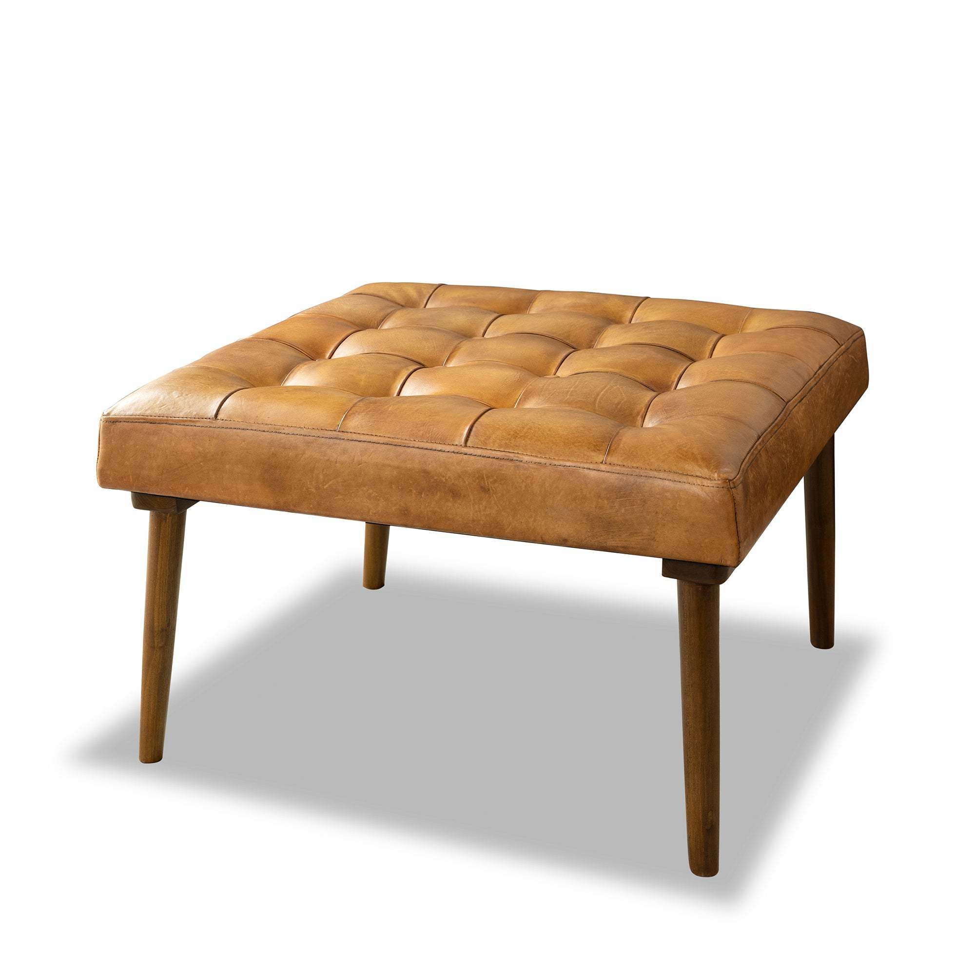 Mark Mid-Century Tufted Square Genuine Leather Upholstered Ottoman in Tan with Solid Wood Legs 17.7'H x 31.1'W x 31.1'D