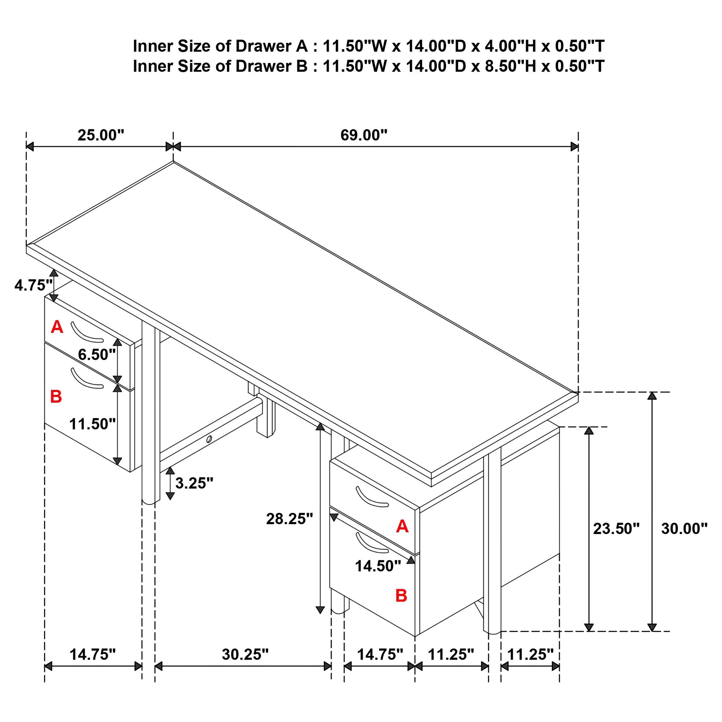 Roldan 69-inch 4-drawer Computer Desk with File Drawer Light Ash — view 15