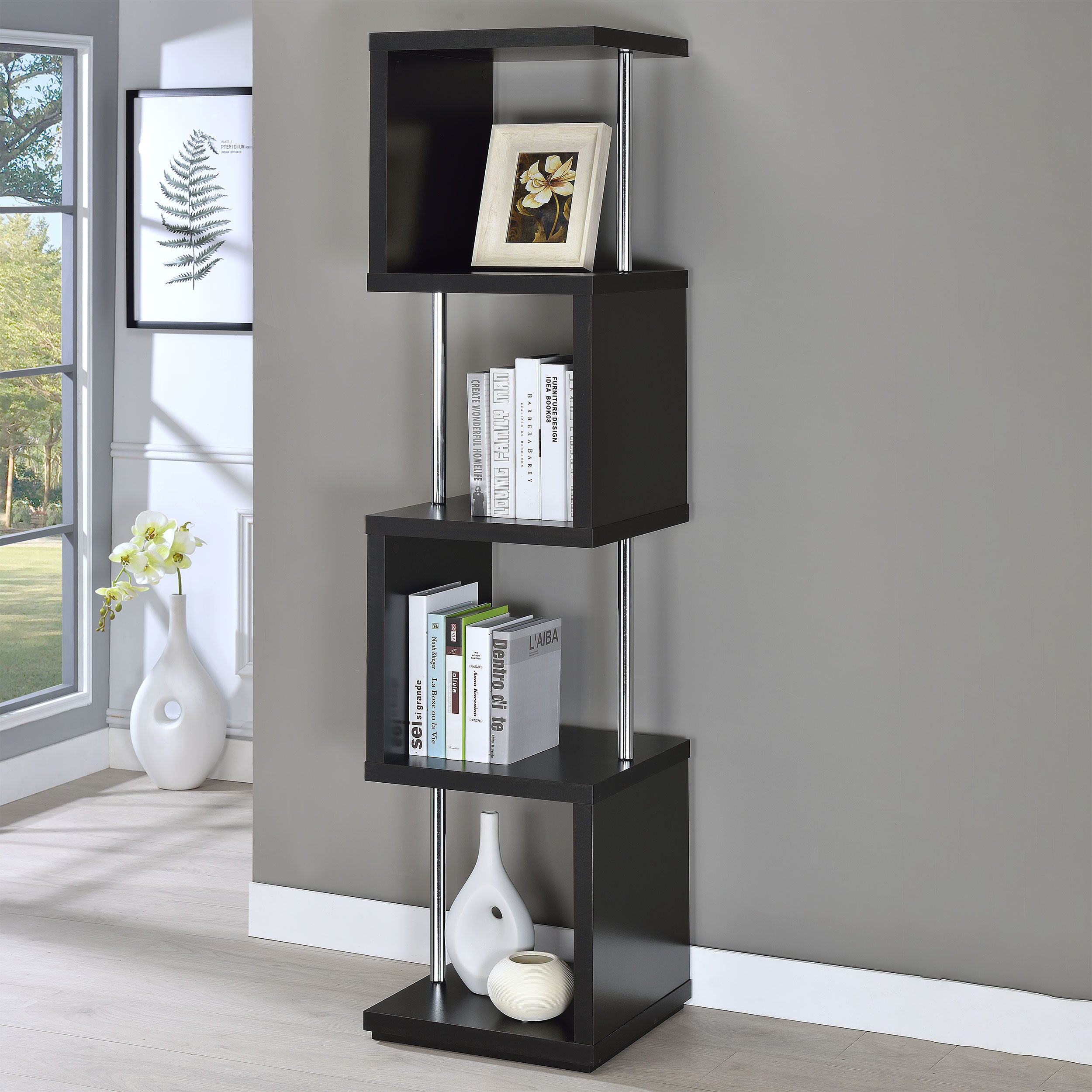Baxter 67-inch 4-shelf Bookshelf Black and Chrome — view 2